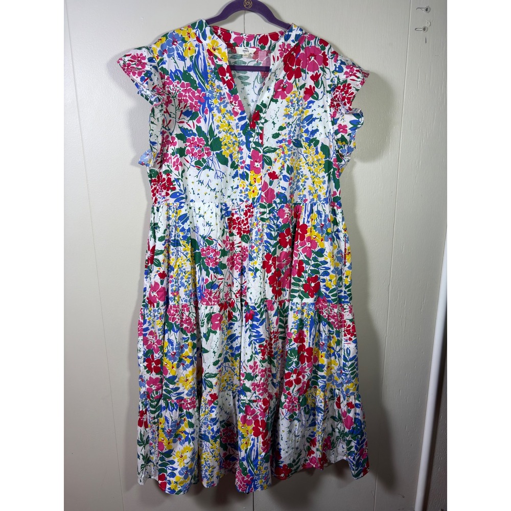 Entro 1X Floral Tiered Midi Dress Cotton V-Neck Cottagecore Garden Party Coastal
